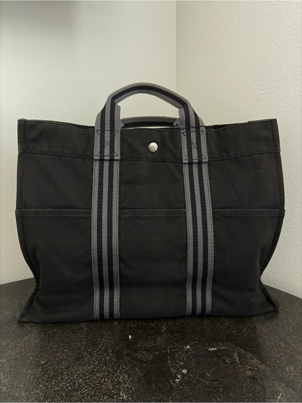 Hermes Black Canvas Tote with Gray Striped Handles - Authentic Pre-Loved
